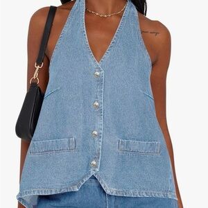 Women's Blue Denim Open Back Halter Vest